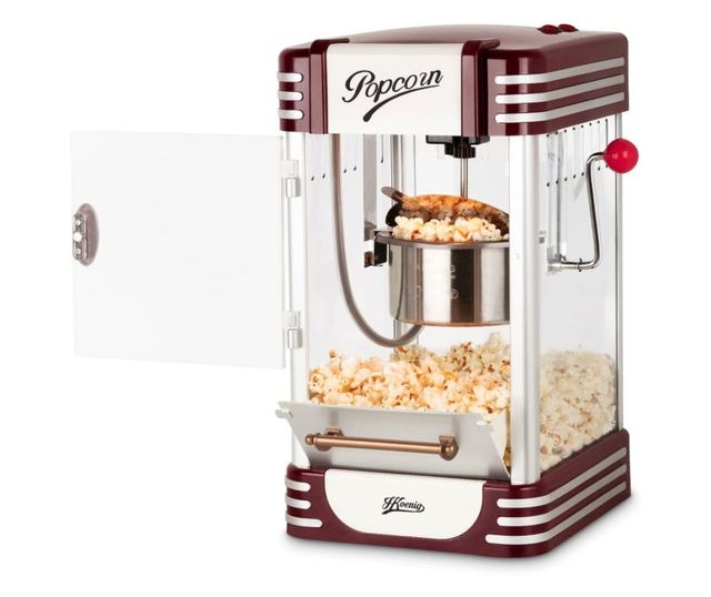 H.Koenig POP330 retro pattogatott kukorica gép, 360 W, 50 g-os edény, rozsdamentes acél, belső világítás, hőmérséklet fenntartás