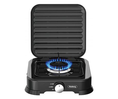 Plita monogaz cu capac Rosberg R51454D1, 2.2 kWh, 30 mbar, Otel carbon, Negru