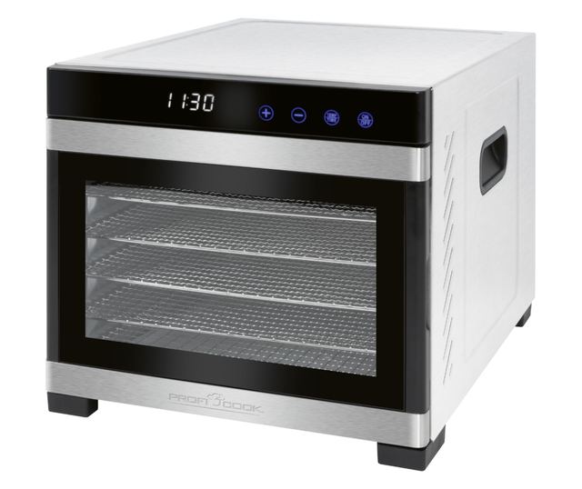 ProfiCook PC-DR 1218 Élelmiszer szárító, 6 rozsdamentes tálca, hőmérséklet 35-75 C, LED kijelző, termosztát, rozsdamentes/fekete