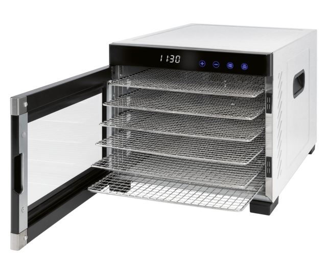ProfiCook PC-DR 1218 Élelmiszer szárító, 6 rozsdamentes tálca, hőmérséklet 35-75 C, LED kijelző, termosztát, rozsdamentes/fekete