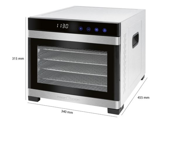 ProfiCook PC-DR 1218 Élelmiszer szárító, 6 rozsdamentes tálca, hőmérséklet 35-75 C, LED kijelző, termosztát, rozsdamentes/fekete