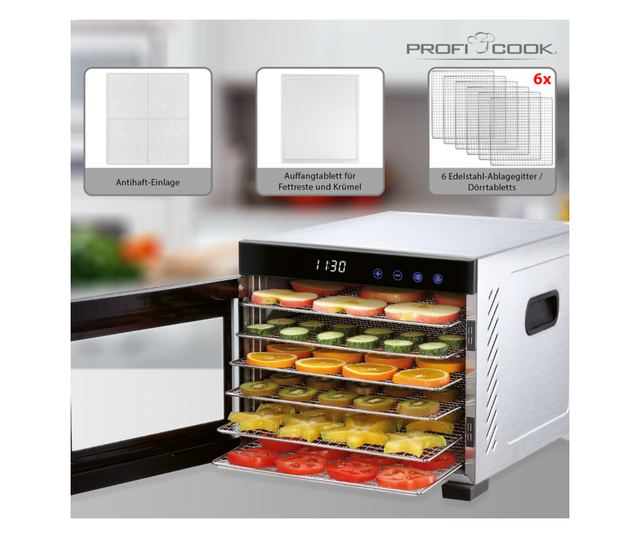 ProfiCook PC-DR 1218 Élelmiszer szárító, 6 rozsdamentes tálca, hőmérséklet 35-75 C, LED kijelző, termosztát, rozsdamentes/fekete