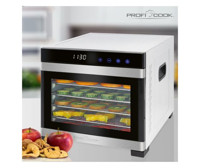 ProfiCook PC-DR 1218 Élelmiszer szárító, 6 rozsdamentes tálca, hőmérséklet 35-75 C, LED kijelző, termosztát, rozsdamentes/fekete