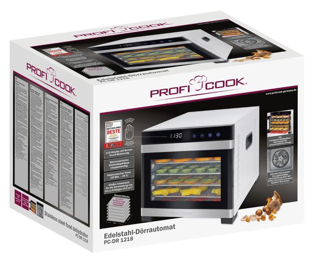 ProfiCook PC-DR 1218 Élelmiszer szárító, 6 rozsdamentes tálca, hőmérséklet 35-75 C, LED kijelző, termosztát, rozsdamentes/fekete