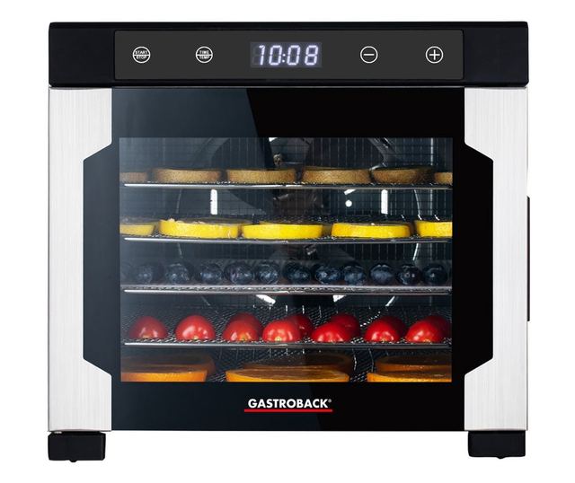 Gastroback Dehydrator Pro Aszalógép, 6 rozsdamentes polc, 3 tálcával, hőmérséklet 35-75 C, érintőpanel, LED kijelző, időzítő, fe