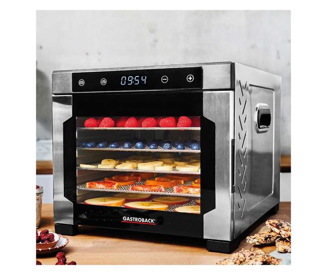 Gastroback Dehydrator Pro Aszalógép, 6 rozsdamentes polc, 3 tálcával, hőmérséklet 35-75 C, érintőpanel, LED kijelző, időzítő, fe