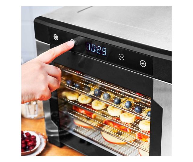 Gastroback Dehydrator Pro Aszalógép, 6 rozsdamentes polc, 3 tálcával, hőmérséklet 35-75 C, érintőpanel, LED kijelző, időzítő, fe