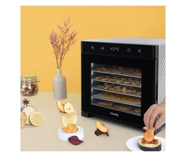 H.Koenig szárító, DSY900, 650W, hőmérséklet 35-70C, légkeverés, érintőképernyő, LED képernyő, 24 órás időzítő, 6 mobil és cserél