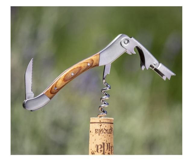 Artisan dugóhúzó Legnoart, Roero, rozsdamentes acél, strapabíró fa nyél, dupla csatlakozással összehajtható, vágó, gravírozott,