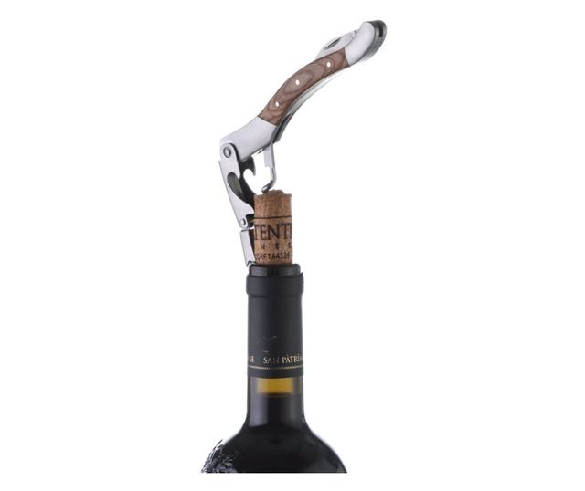 Artisan dugóhúzó Legnoart, Roero, rozsdamentes acél, strapabíró fa nyél, dupla csatlakozással összehajtható, vágó, gravírozott,