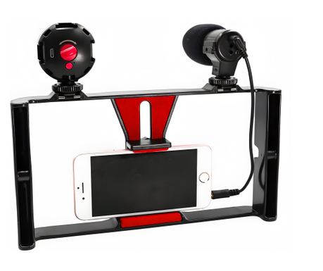 Professzionális vlogging készlet Hexacraft mikrofonnal és állítható LED panellel, kihúzható támasztékkal, függőleges és vízszint