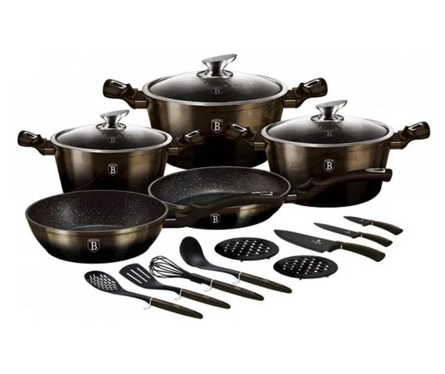 Set oale si tigai marmorate 17 piese, cu capace Shiny Black Berlinger Haus BH 7146