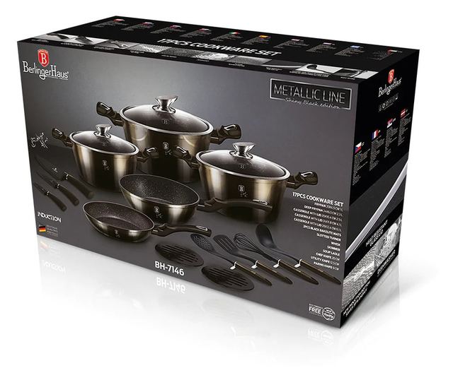 Set oale si tigai marmorate 17 piese, cu capace Shiny Black Berlinger Haus BH 7146