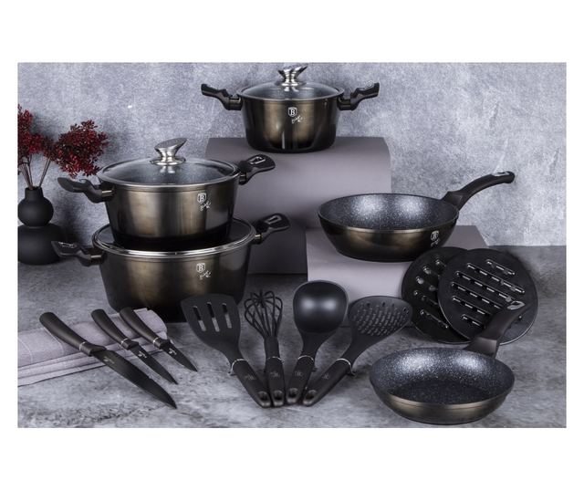 Set oale si tigai marmorate 17 piese, cu capace Shiny Black Berlinger Haus BH 7146