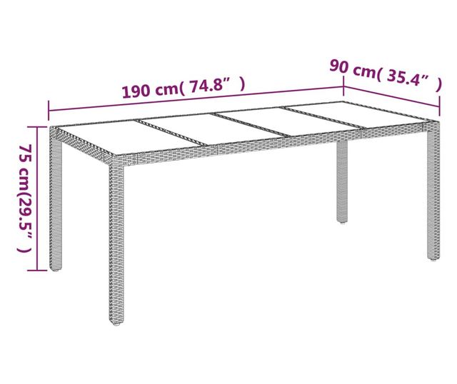 Masă grădină cu blat din sticlă, negru, 190x90x75 cm, poliratan