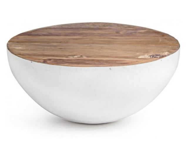 Masuta Cafea Metal Alb Cu Blat Lemn Natur Lancaster Ø 70 Cm X 32 H