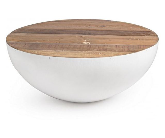 Masuta Cafea Metal Alb Cu Blat Lemn Natur Lancaster Ø 90 Cm X 38 H