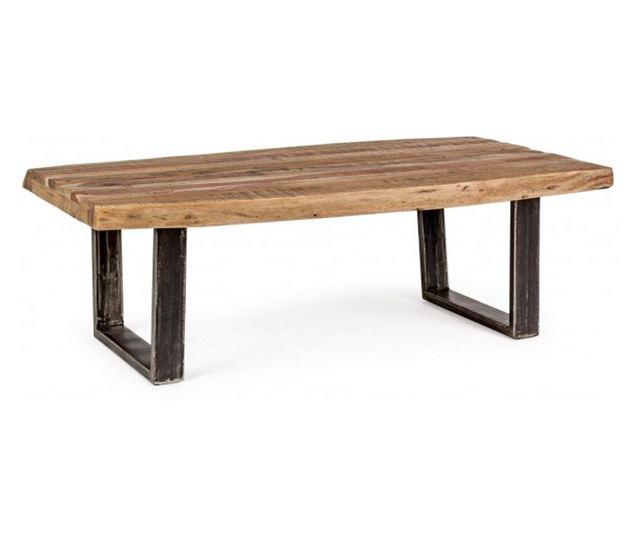 Konferenční stolek s hnědou dřevěnou deskou a černými železnými nohami se stříbrnou patinou Elmer 120 cm x 70 cm x 42 v