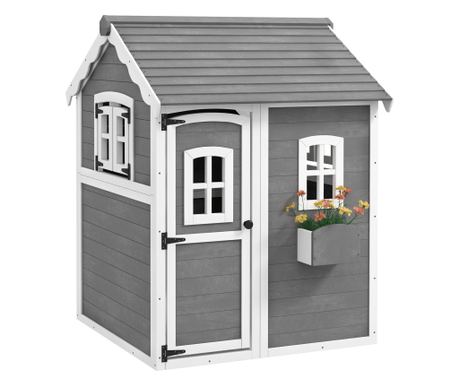 Casă de joacă din lemn pentru copii, cu uși și ferestre, cutie de plante, podele, pentru 3-8 ani, 104,5 x 110 x 137 cm, gri