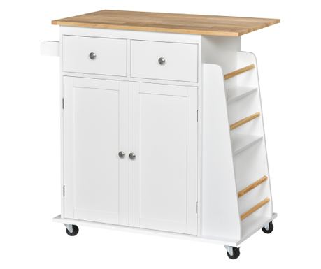 Carucior de bucatarie suport condimente cu 3 niveluri si 4 roti din MDF si PAL, 89x45x89cm, alb