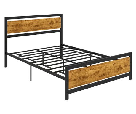 Egyszemélyes ágykeret fából és acélból, lécekkel, ipari stílusban, 140x200cm, fekete / rusztikus barna
