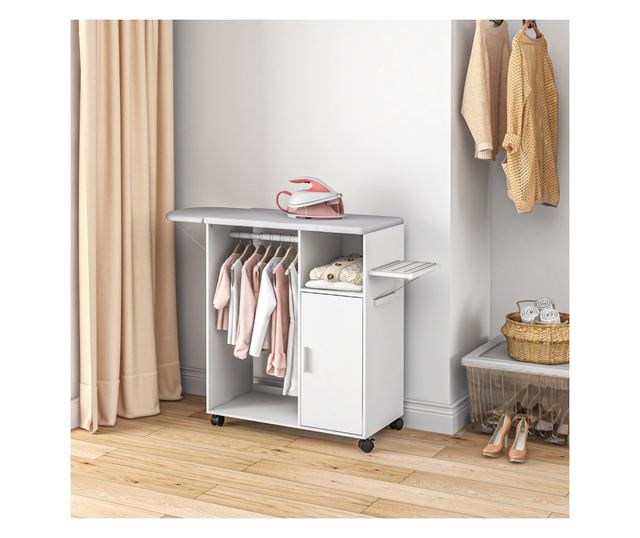 Dulap cu Masa de Calcat din PAL si Burete cu Blat de Lucru din Tesatura Efect In, 3 Rafturi Cub si Ghidaj pentru Agatat, 127x42.