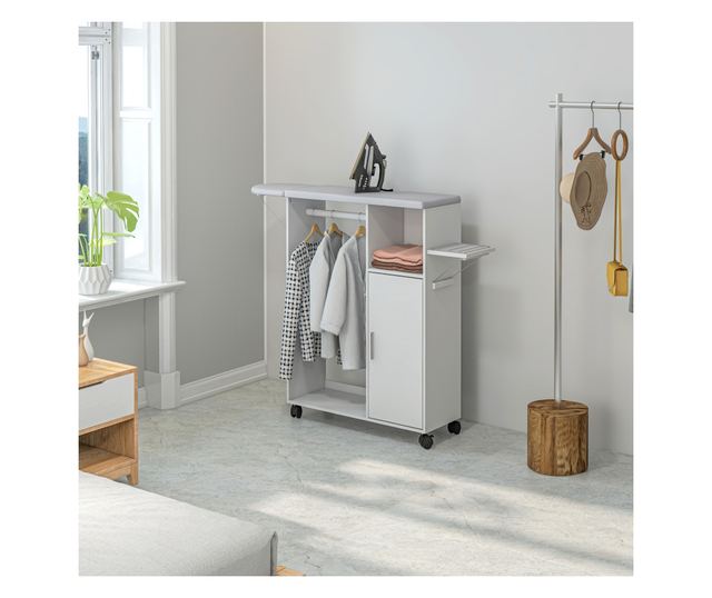 Dulap cu Masa de Calcat din PAL si Burete cu Blat de Lucru din Tesatura Efect In, 3 Rafturi Cub si Ghidaj pentru Agatat, 127x42.