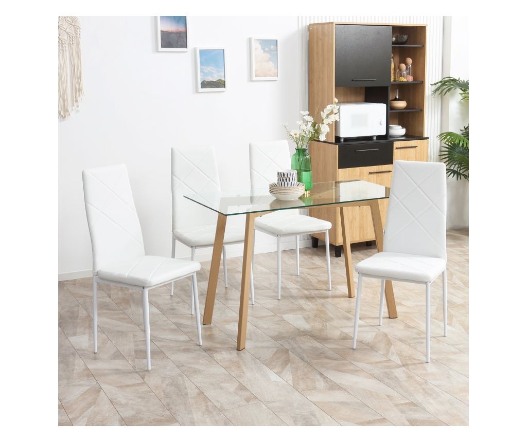 Set de 4 scaune de sufragerie cu spatar inalt, moderne din piele artificiala si otel, 41x50x97cm, alb - 3