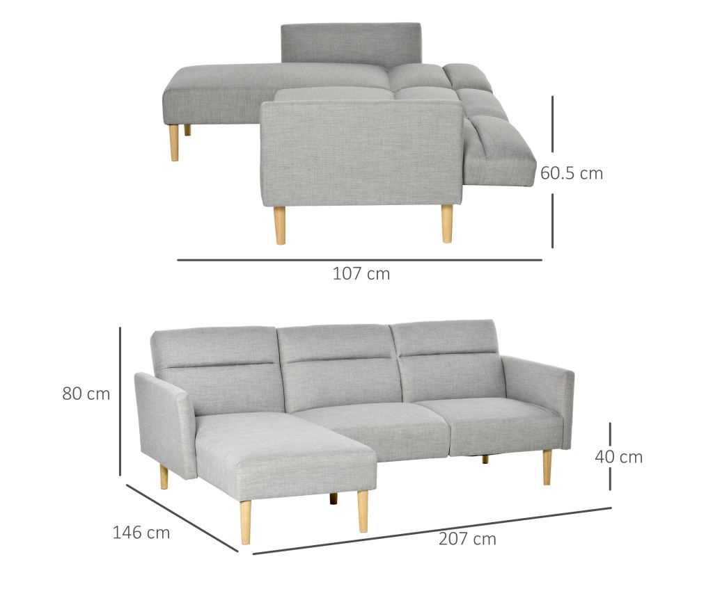 Регулируем ъглов диван с 3 места в скандинавски стил, сив плат - 6