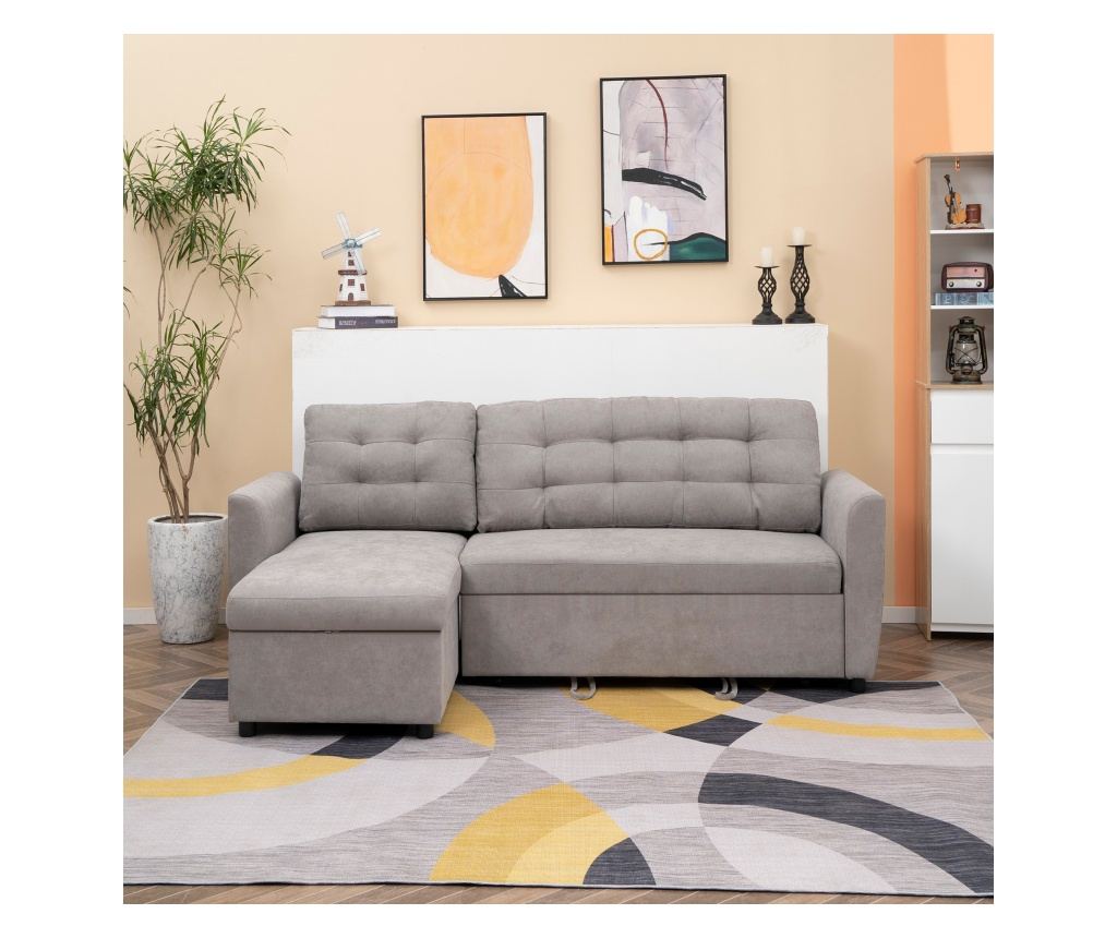 Троен ъглов диван с функция сън и лежанка с място за съхранение, текстил - 4
