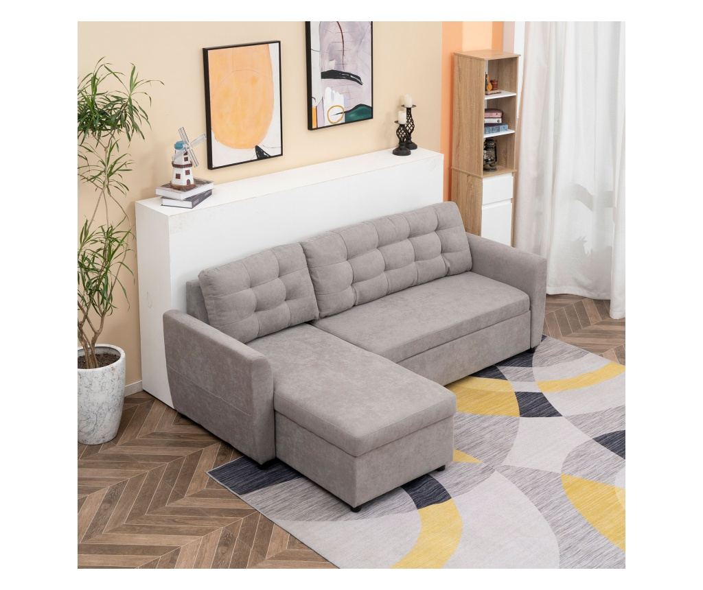 Троен ъглов диван с функция сън и лежанка с място за съхранение, текстил - 5