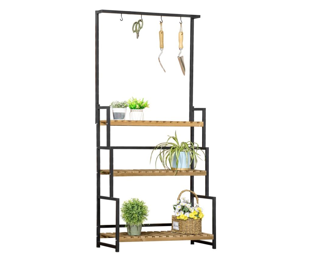 Suport de flori cu 3 niveluri cu carlige din lemn de brad si metal pentru interior si exterior, 80x36x174 cm, culoare negru si l