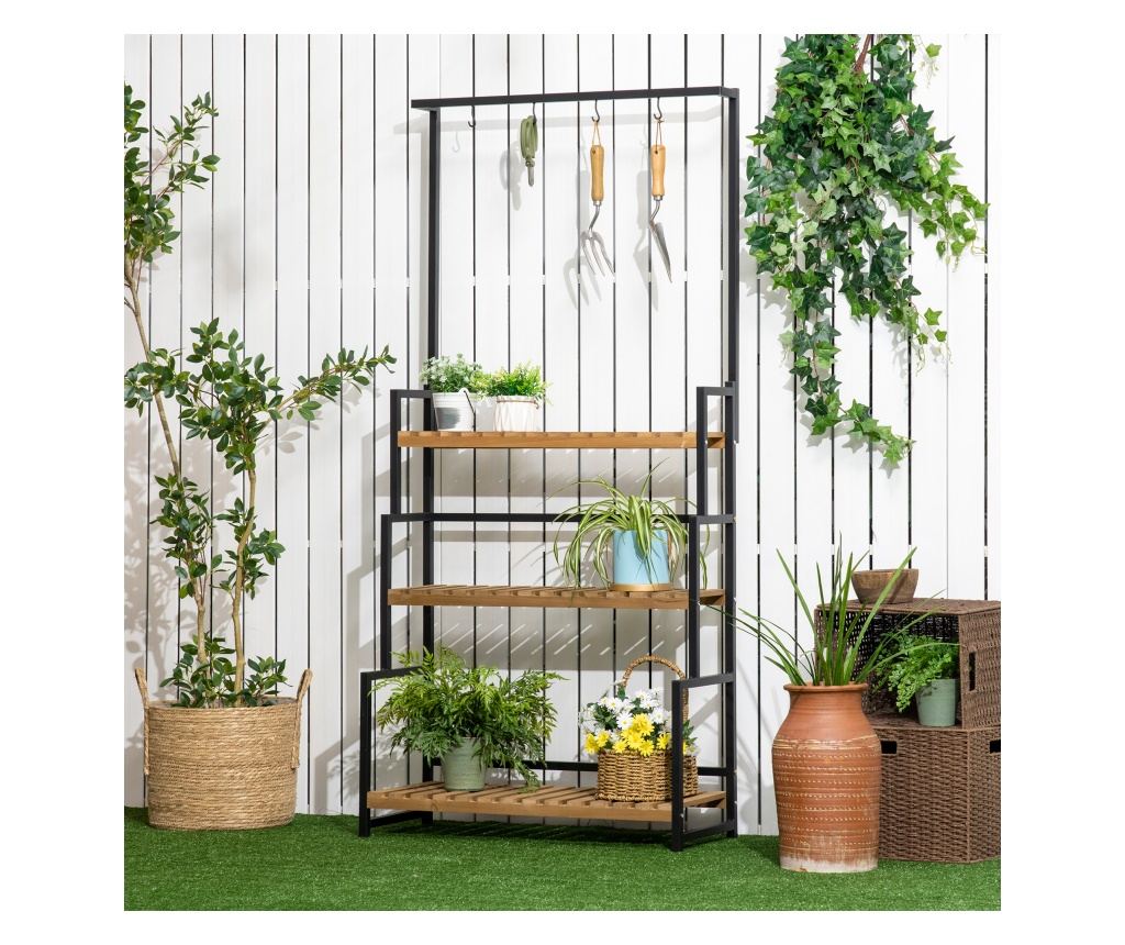 Suport de flori cu 3 niveluri cu carlige din lemn de brad si metal pentru interior si exterior, 80x36x174 cm, culoare negru si l - 2