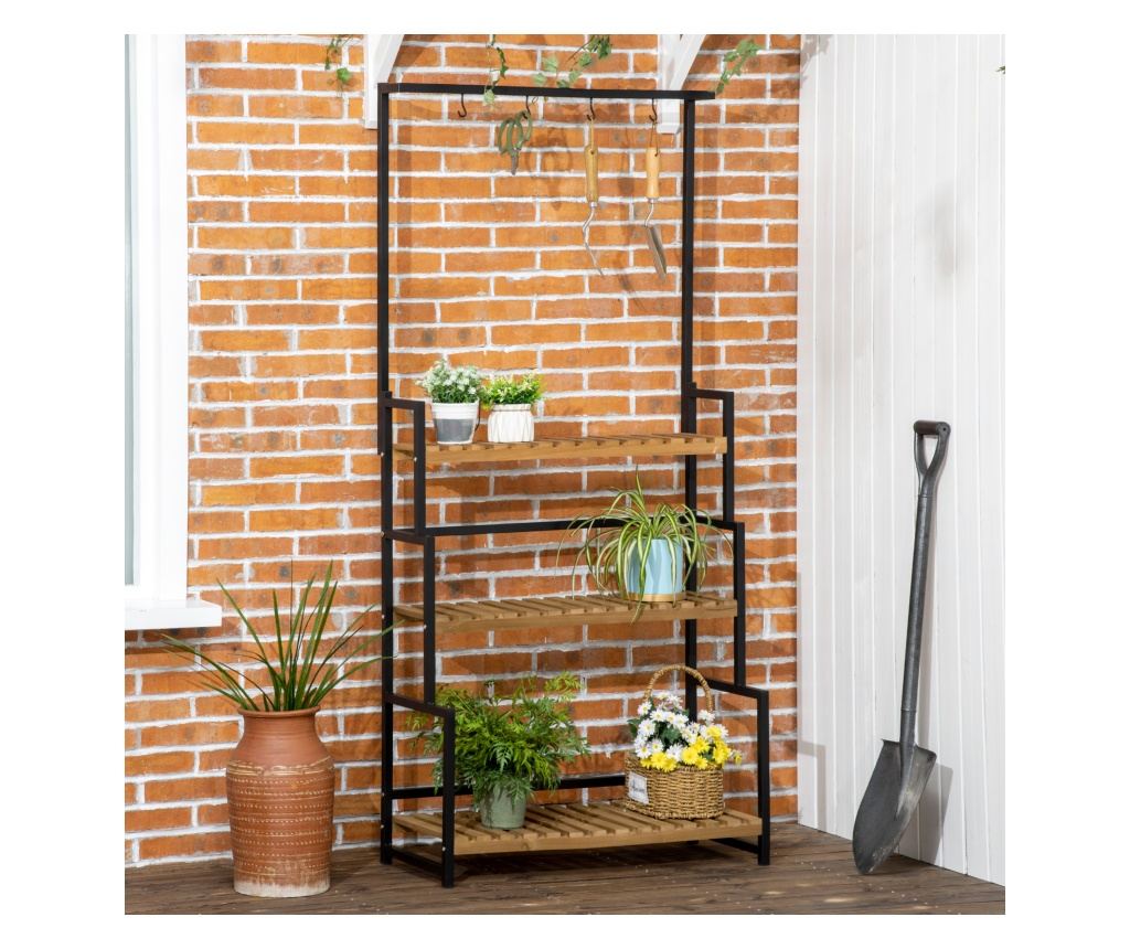 Suport de flori cu 3 niveluri cu carlige din lemn de brad si metal pentru interior si exterior, 80x36x174 cm, culoare negru si l - 3