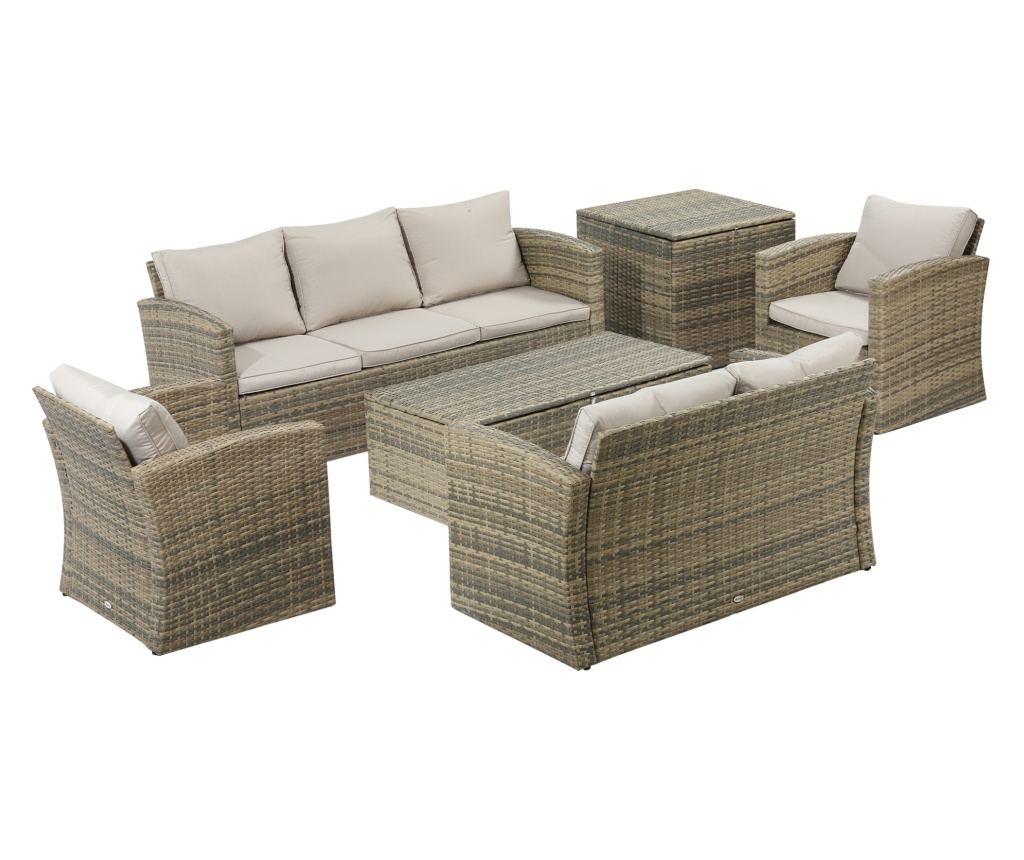 Set de mobilier de gradina din ratan de 6 piese, canapea si 2 fotolii tapitate pentru 7 persoane, bej - 2