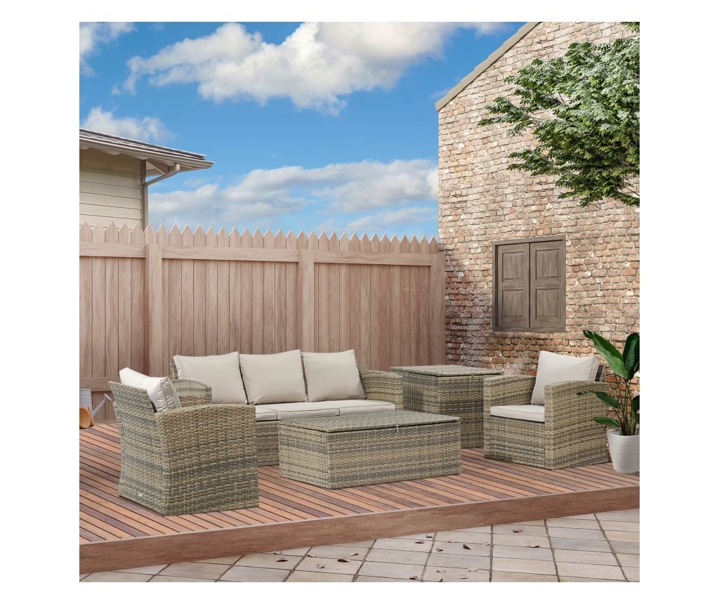 Set de mobilier de gradina din ratan de 6 piese, canapea si 2 fotolii tapitate pentru 7 persoane, bej - 3