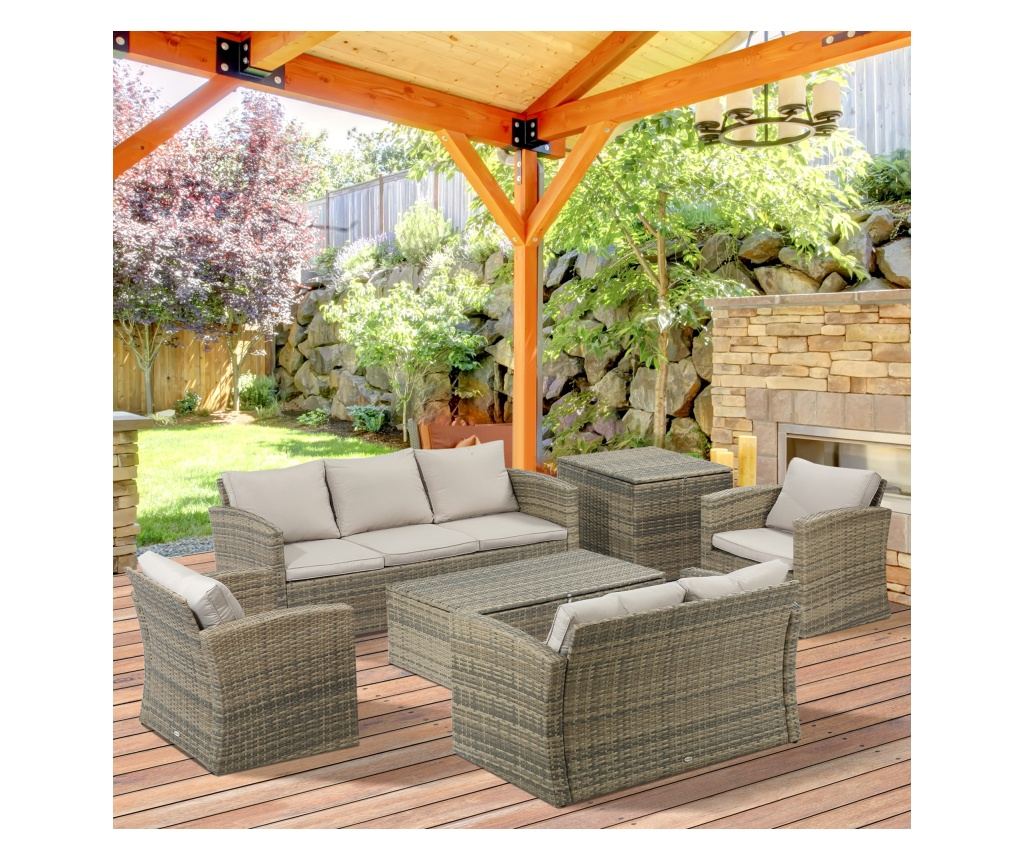 Set de mobilier de gradina din ratan de 6 piese, canapea si 2 fotolii tapitate pentru 7 persoane, bej - 4