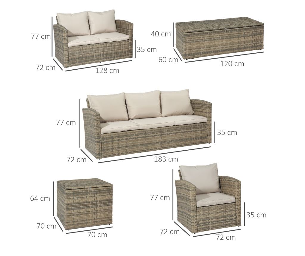 Set de mobilier de gradina din ratan de 6 piese, canapea si 2 fotolii tapitate pentru 7 persoane, bej - 5