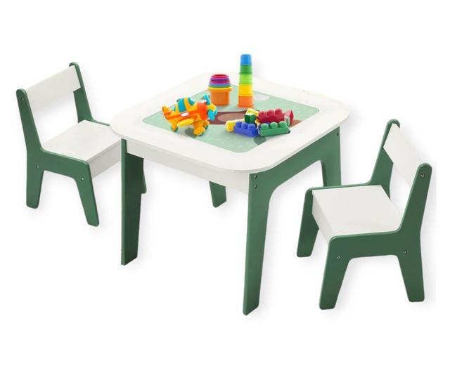 Dječji stolić s četiri stolice 4 u 1 GINGER HOME, 2 ploče, crna ploča i ploča za slaganje LEGO konstruktora, ŠUMA
