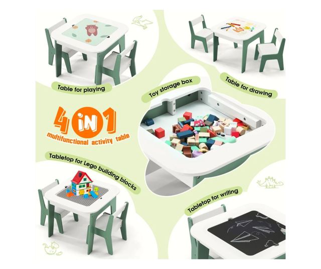 Dječji stolić s četiri stolice 4 u 1 GINGER HOME, 2 ploče, crna ploča i ploča za slaganje LEGO konstruktora, ŠUMA