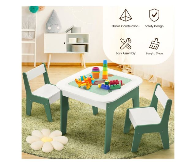 Dječji stolić s četiri stolice 4 u 1 GINGER HOME, 2 ploče, crna ploča i ploča za slaganje LEGO konstruktora, ŠUMA