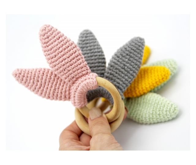 Pamut fogzású játék fából készült gyűrűvel BabyJem Amigurumi (Szín: szürke)