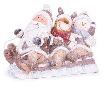 Decoratiune Craciun, ceramica, Mos Craciun, ren si om de zapada pe sanie, 45x23x34.5 cm
