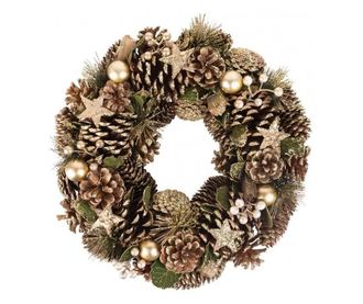 Decoratiune Craciun, coroana cu conuri si globuri, auriu, 34 cm