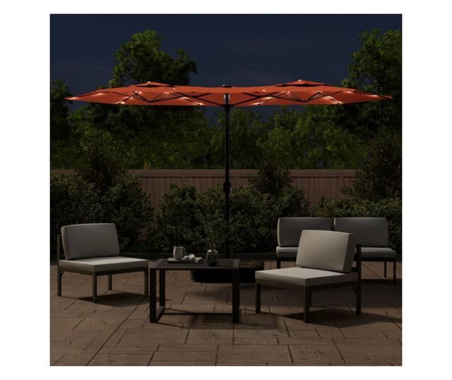 Двуглад чадър за вътрешен двор с LED, тухленочервен, 316x240 см