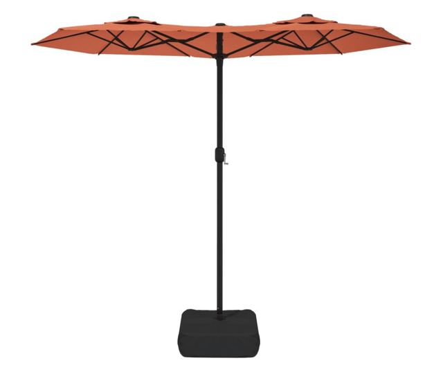 Двуглад чадър за вътрешен двор с LED, тухленочервен, 316x240 см