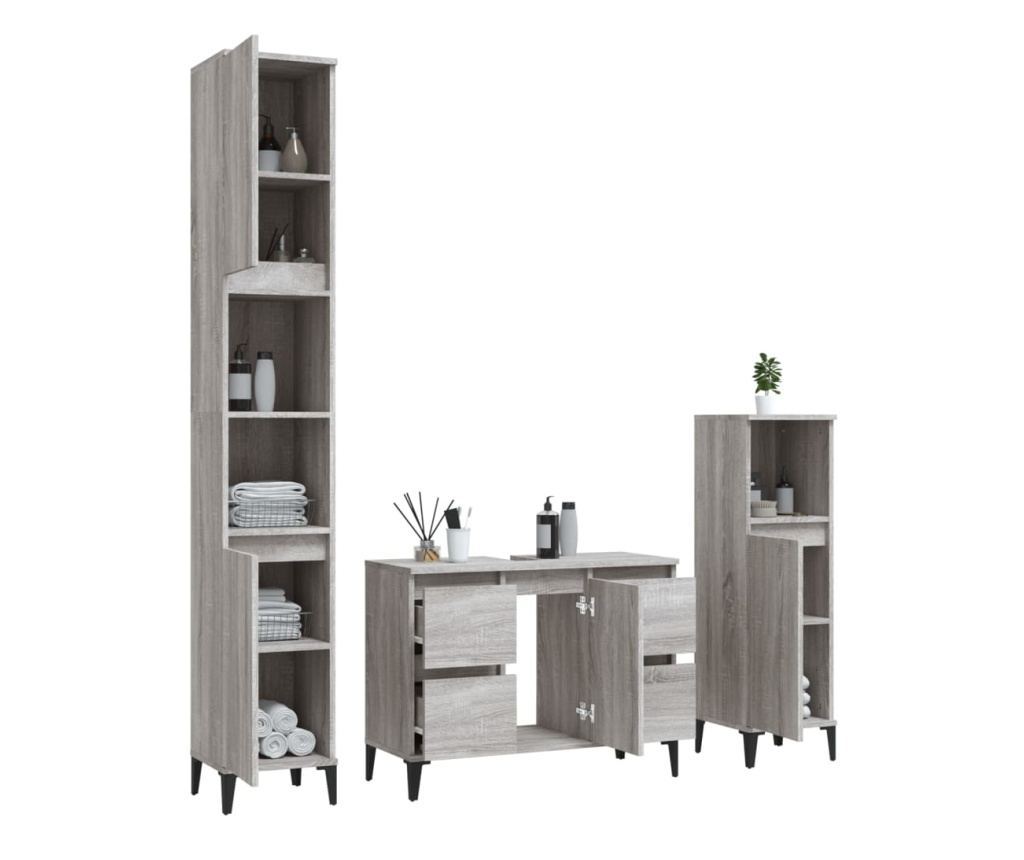 Мебелен комплект за баня, 3 части, Сонома сиво, Инженерна дървесина - 4