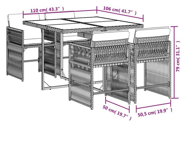Градински трапезен комплект 5 части с възглавници сив полиратан