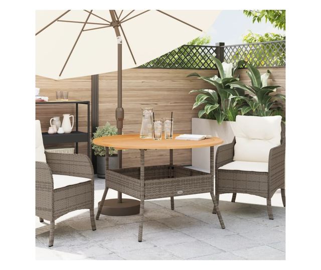 szürke polyrattan kerti asztal akácfa lappal Ø110 x 71 cm