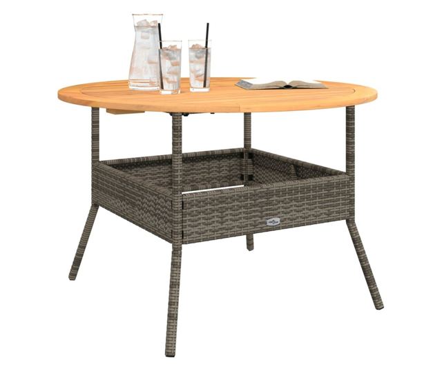 szürke polyrattan kerti asztal akácfa lappal Ø110 x 71 cm